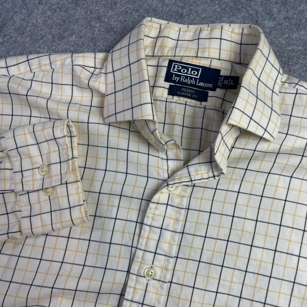 Ralph Lauren Regent Mens Shirt 16 L Cream Windowpane Plaid Long Sleeve Button